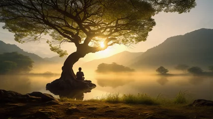 Foto auf Acrylglas Morgen mit Nebel Serene landscape at sunrise, a meditator sitting cross - legged under a sprawling bodhi tree, dappled sunlight, tranquil pond nearby, dew glistening on the grass, misty mountains backdrop
