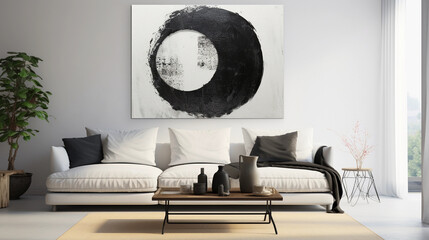 The harmony of Yin and Yang, elegantly portrayed as flowing brush strokes, stark black and white contrast, abstract painting on textured canvas, emphasizing balance and duality