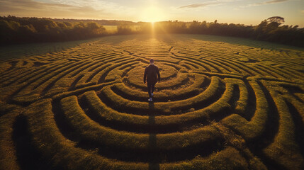 Fototapeta na wymiar labyrinth in grass, spiritual path symbol, golden sunset light, lonely figure walking the path
