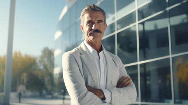 Serious mature entrepreneur with mustache and white suit stands confidently outside a modern building. Generative AI