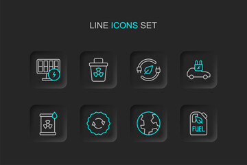 Set line Bio fuel canister, Earth globe, Recycle symbol, Radioactive waste in barrel, Electric car, saving plug leaf, Infectious and Solar energy panel icon. Vector