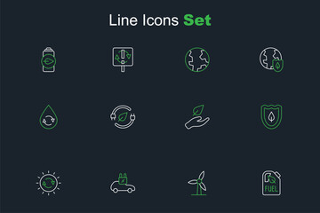 Set line Bio fuel canister, Wind turbine, Electric car, Solar energy panel, Shield with leaf, Leaf hand, saving plug and Recycle clean aqua icon. Vector
