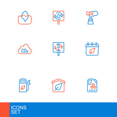 Set line Radioactive waste in barrel, Eco friendly house, Petrol or gas station, Calendar with autumn leaves, CO2 emissions cloud, Recycle symbol, and clean aqua icon. Vector
