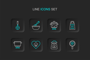 Set line Fried eggs on frying pan, Scales, Chef hat, Cooking pot fire, Grater, whisk with bowl and Spatula icon. Vector