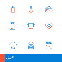Set line Oven, Scales, Chef hat, Cutting board and knife, Cooking pot on fire, and Spatula icon. Vector