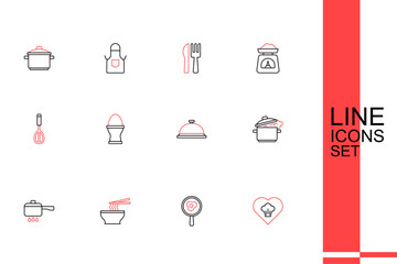 Set line Chef hat, Fried eggs on frying pan, Asian noodles bowl, Cooking pot fire, Covered with tray of food, Chicken stand and Kitchen whisk icon. Vector