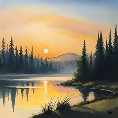 water color painting of sunrise over lake in the woods and mountains 