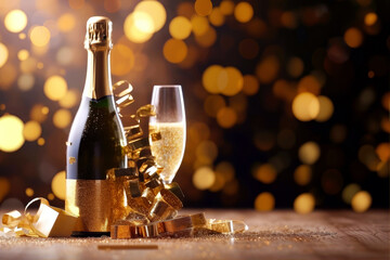 Glasses of champagne on a festive background, party or holiday concept. New Year or Christmas sparkling background with copy space. Gold and black colors. - obrazy, fototapety, plakaty