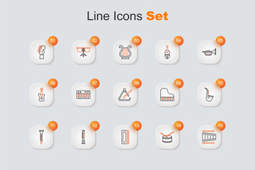Set line Xylophone, Drum with drum sticks, Harmonica, Flute, Clarinet, Saxophone, Grand piano and Triangle musical instrument icon. Vector