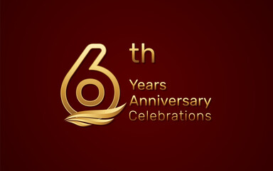 6th anniversary logo design with double line number style and golden wings, vector template