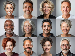Collage of ethnically different happy people modern portraits, Success, smiling and happiness multicultural faces looking at camera, Human resource society database concept, globalization..