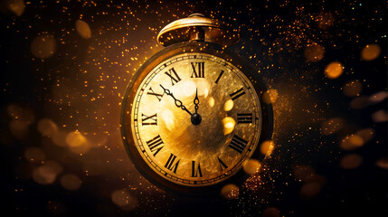 Happy New Year countdown. Clock and fireworks, lights and bokeh effect. Golden clock on dark festive background with ?opy space