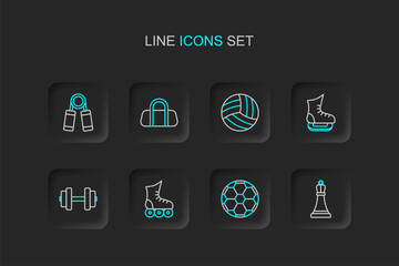 Set line Chess, Soccer football ball, Roller skate, Dumbbell, Skates, Volleyball, Sport bag and expander icon. Vector