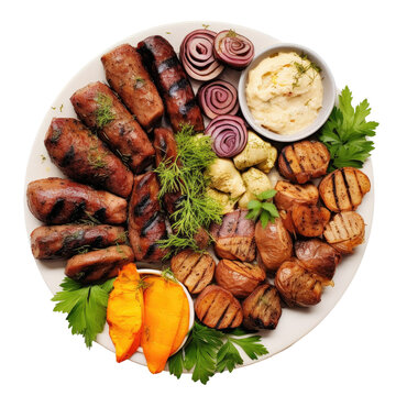 Romanian food platter with various dishes and condiments topped with herbs on a white plate