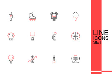 Set line Stadium, Dart arrow, Kayak and paddle, Golf ball on tee, Basketball, bag with clubs, American football goal post and Punch in boxing gloves icon. Vector