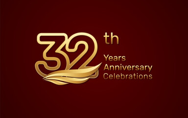 32th anniversary logo design with double line number style and golden wings, vector template