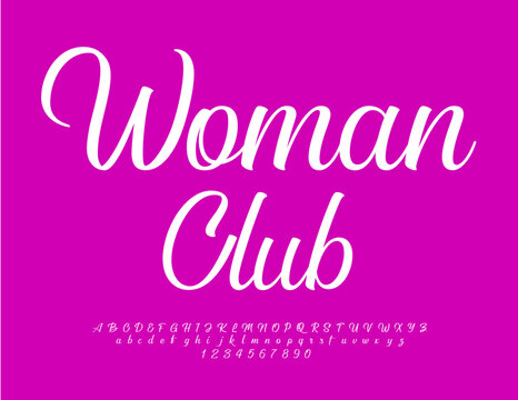 Vector elite Logo Women Club. Cursive white Font. Set of stylish Alphabet Letters and Numbers