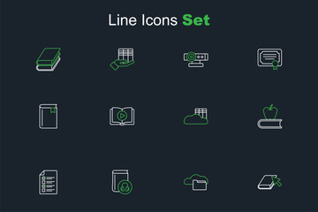 Set line Online book, Cloud or online library, Audio, quiz, test, survey, Book with apple, and icon. Vector