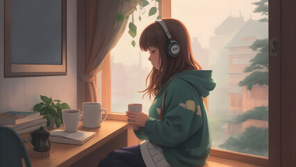 Fototapeta na wymiar Lofi girl getting her morning coffee while listening to music. lofi manga anime style. Generative AI 