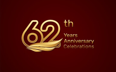 62th anniversary logo design with double line number style and golden wings, vector template