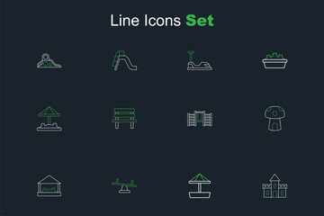 Set line Sand castle, Sandbox with sand, Seesaw, Mushroom house, Swedish wall, Bench and icon. Vector