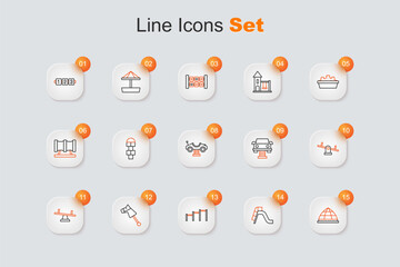 Set line Playground climbing equipment, Slide playground, Sport horizontal bar, Toy horse, Seesaw, Swing car and icon. Vector