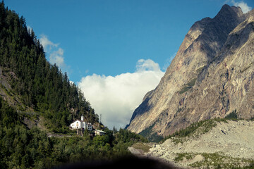 Mont Blanc mountain range under the snow in Valle d'Aosta in Courmayeur, in the summer of 2023