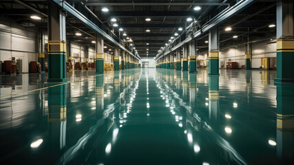 floor with self-leveling green epoxy resin in industrial warehouse