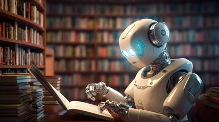 Fototapeta premium ai robot reading book in library, learning and technology knowledge concept, Generative AI