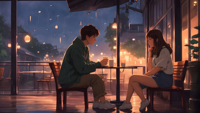 Lofi girl and boy dating both are happy. lofi manga anime style. Generative AI 