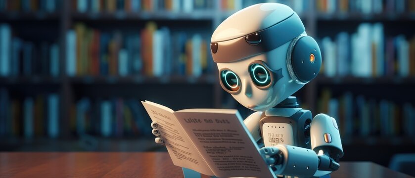 ai robot reading book in library, learning and technology knowledge concept, Generative AI