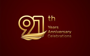 91th anniversary logo design with double line number style and golden wings, vector template