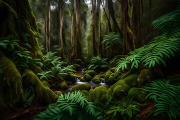 Amidst a verdant expanse, capture the intricate dance of sunlight filtering through the lush fern canopy in a secluded forest grove.