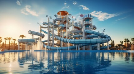 Obraz premium a concept photo of a big amusement water park with water play areas, swimming pools, water slides, splash pads, water playgrounds, and lazy rivers, for floating and bathing. Generative AI