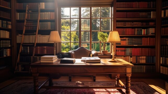 a photo of a interior of a luxury public book library shop. a lot of books on the shelf and desk tables. modern design with panorama glass windows and green nature outside. Generative AI	