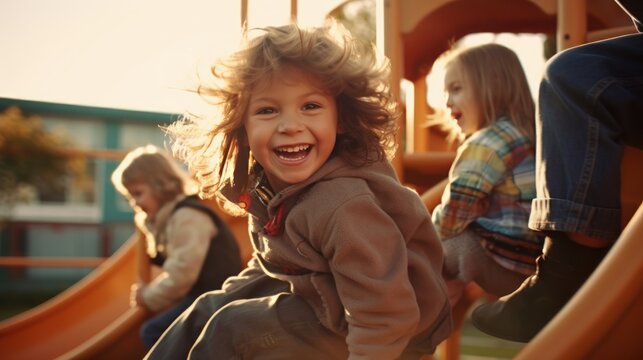 a candid photo of cute kids children playing on the playground. sliding down a slide and having fun. riding on carousel outside. Generative AI