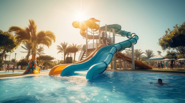 a concept photo of a big amusement water park with water play areas, swimming pools, water slides, splash pads, water playgrounds, and lazy rivers, for floating and bathing. Generative AI © SayLi