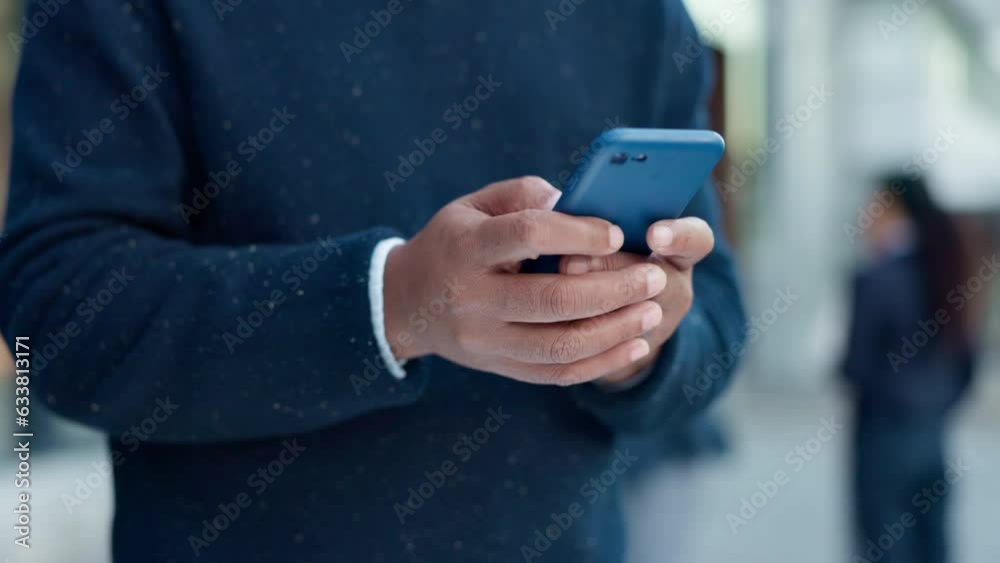 Poster hands typing, smartphone and internet in city on social media, networking tech and search app. phone