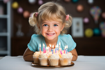 A blond girl toddler's birthday party. Balloons, b-day.