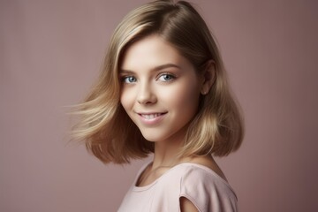 Fototapeta premium Portrait of a fictional beautiful woman model with beautiful hair. Isolated on a plain colored neutral background. Generative AI.