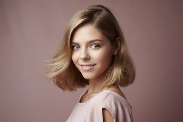 Fototapeta premium Portrait of an elegant fictional young woman with short blond hair wearing casual clothes. Isolated on a plain pink background. Generative AI.