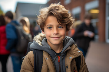 Very happy 8 year old boy waiting at the school entrance. ready for back to school.  - obrazy, fototapety, plakaty