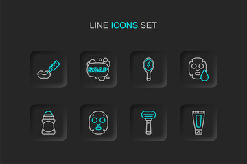 Fototapeta premium Set line Cream or lotion cosmetic tube, Shaving razor, Facial mask, Deodorant roll, Hand mirror, Bar of soap and Lip augmentation icon. Vector