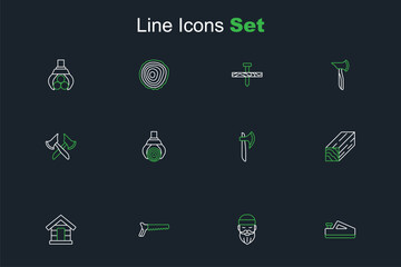 Set line Wood plane tool, Lumberjack, Hand saw, Dog house, Wooden beam, axe, Grapple crane grabbed log and icon. Vector