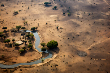 Generative AI, Aerial view of river and desert, wildlife concept , drone view above natural landscape. tourism travel style