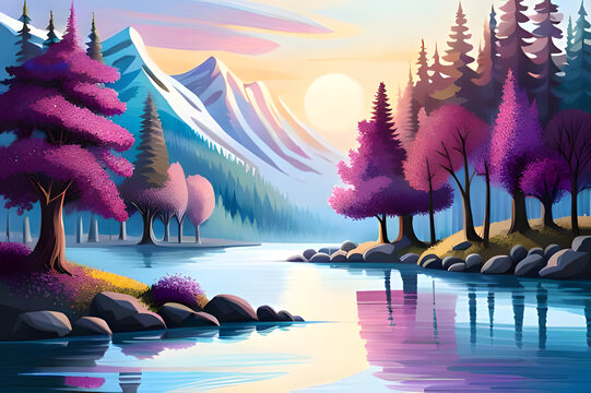Beautiful landscape with lake, forest and mountains at sunset. Vector illustration, abstract illustration, generative ai