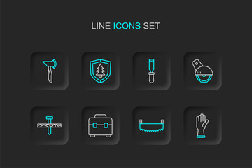 Set line Protective gloves, Two-handed saw, Toolbox, Metallic nail, Electric circular, Chisel tool, Shield with tree and Wooden axe icon. Vector