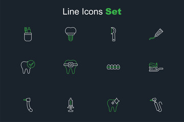 Set line Tooth drill, whitening, Syringe, Toothbrush with toothpaste, Teeth braces, and icon. Vector