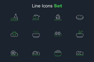 Set line Chicken egg, Chow mein on plate, Sushi, Xiao long bao, Asian noodles bowl, Ramen soup and Soy sauce icon. Vector