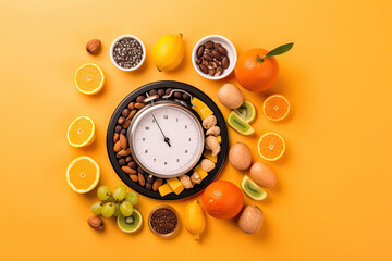 A clock surrounded by fruits and vegetables on a orange background. Generative ai